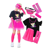 Retro 80s Pink 8 Piece Sportwear Mesh Tutu Dress Full Set For Kids Girls Cosplay Costume Outfits Halloween Carnival Party Suit